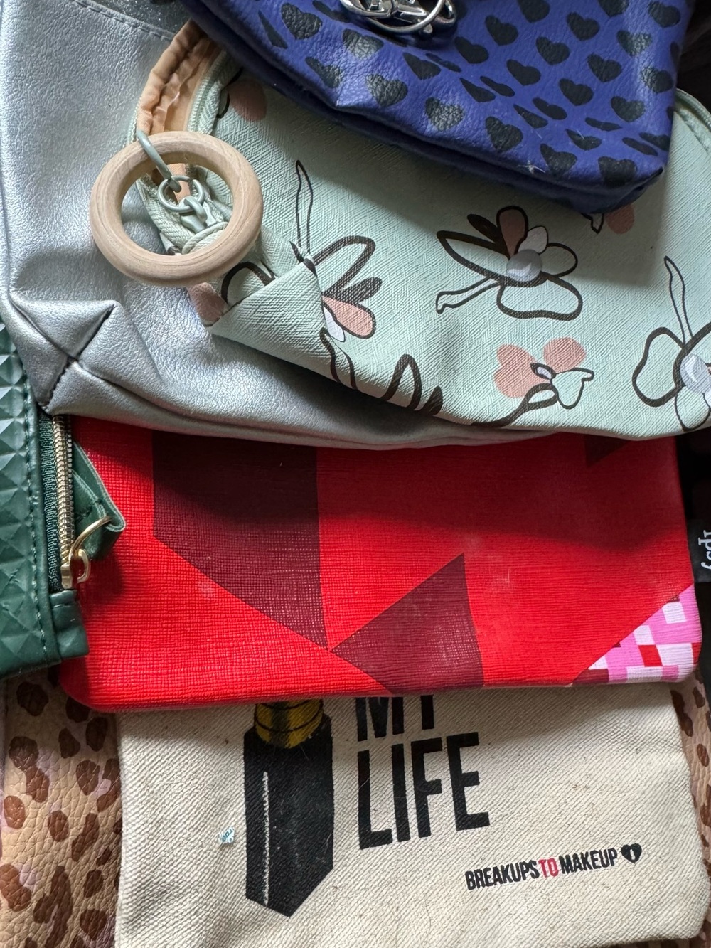 ipsy Mint Floral Cosmetic Pouch with Wooden Ring Accent